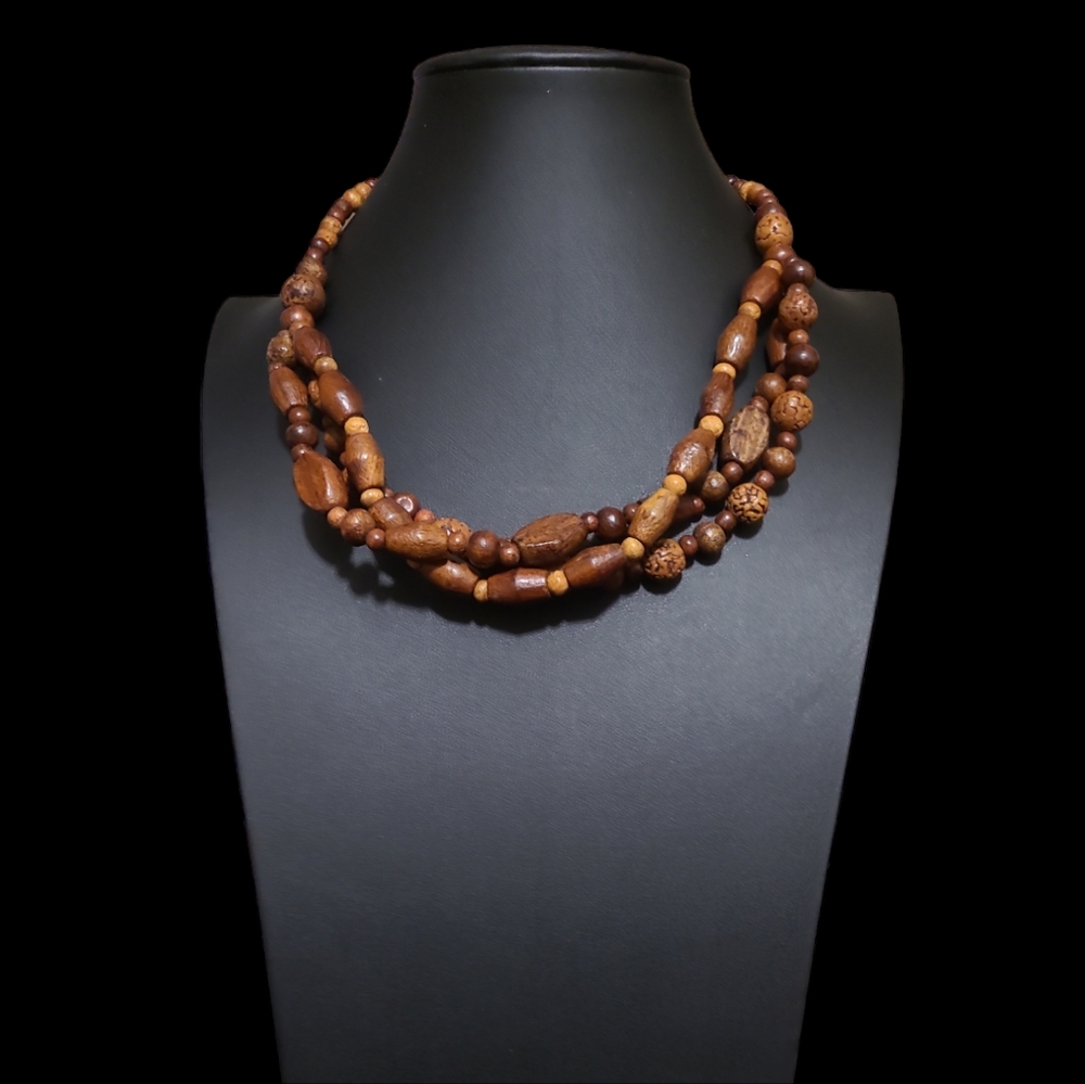 18" Wooden Boho Bead Necklace with Matching Clip-on Earrings Lot 8